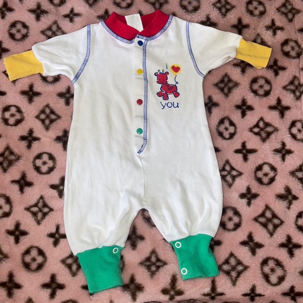 Vintage Bright Future Color Block Pajama Romper Newborn I Love You Giraffe
